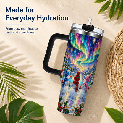 #pl[40oz|Black] Aurora Snowmen 40oz Tumbler with Handle, Winter Stainless Steel Travel Cup
