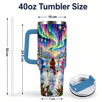 #pl[40oz|Blue] Aurora Snowmen 40oz Tumbler with Handle, Winter Stainless Steel Travel Cup