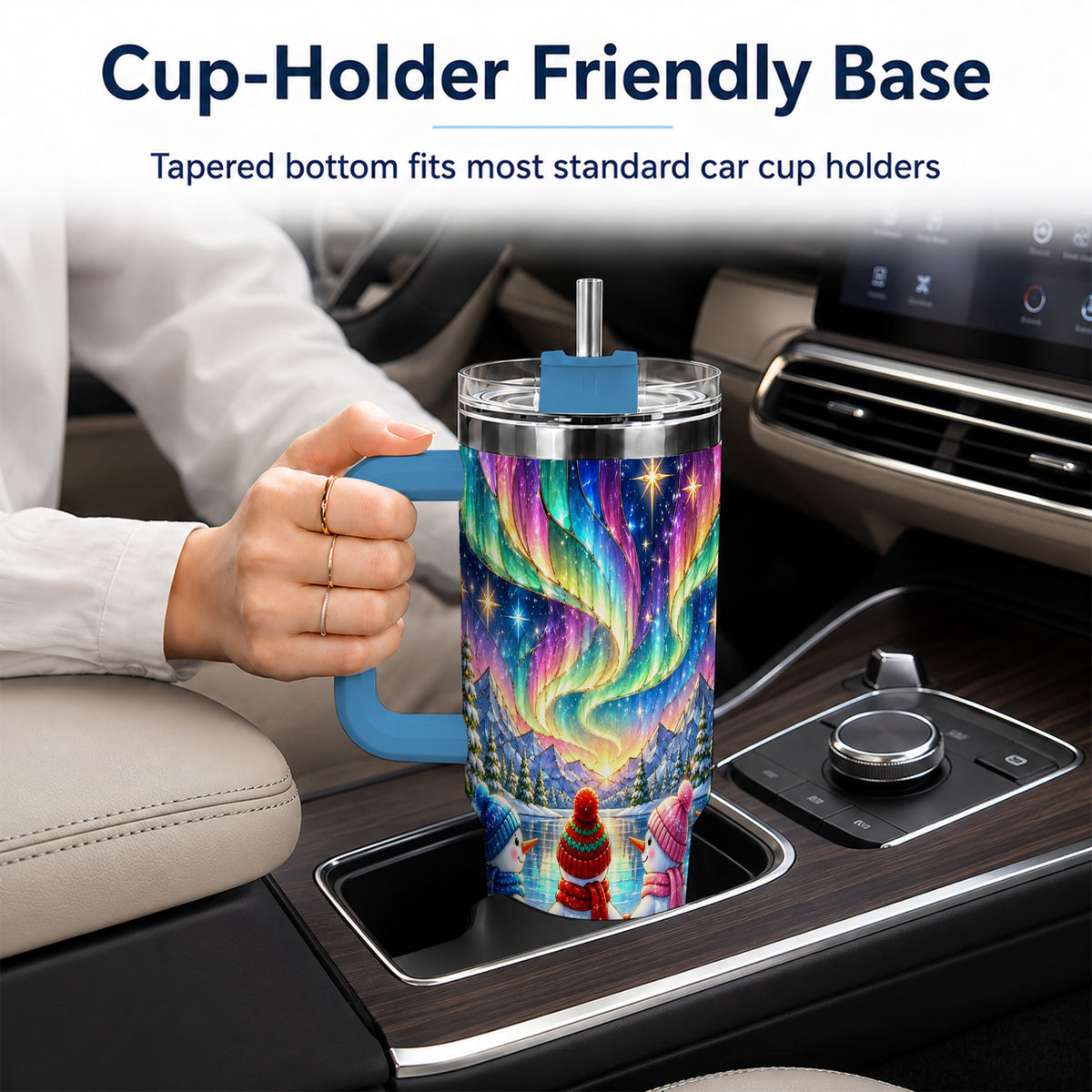 #pl[40oz|Blue] Aurora Snowmen 40oz Tumbler with Handle, Winter Stainless Steel Travel Cup