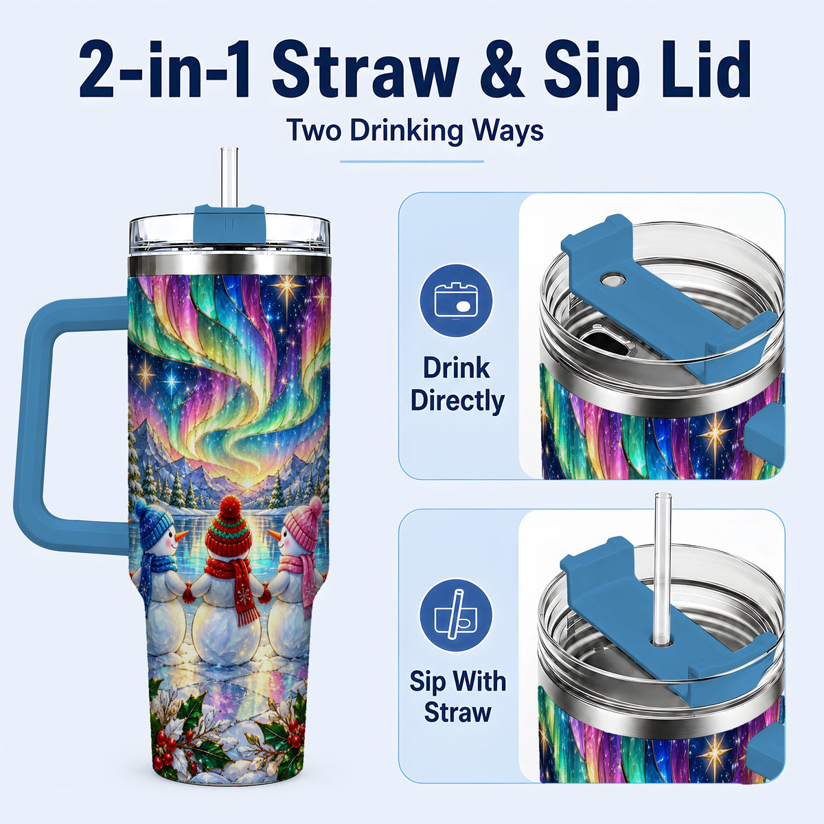 #pl[40oz|Blue] Aurora Snowmen 40oz Tumbler with Handle, Winter Stainless Steel Travel Cup
