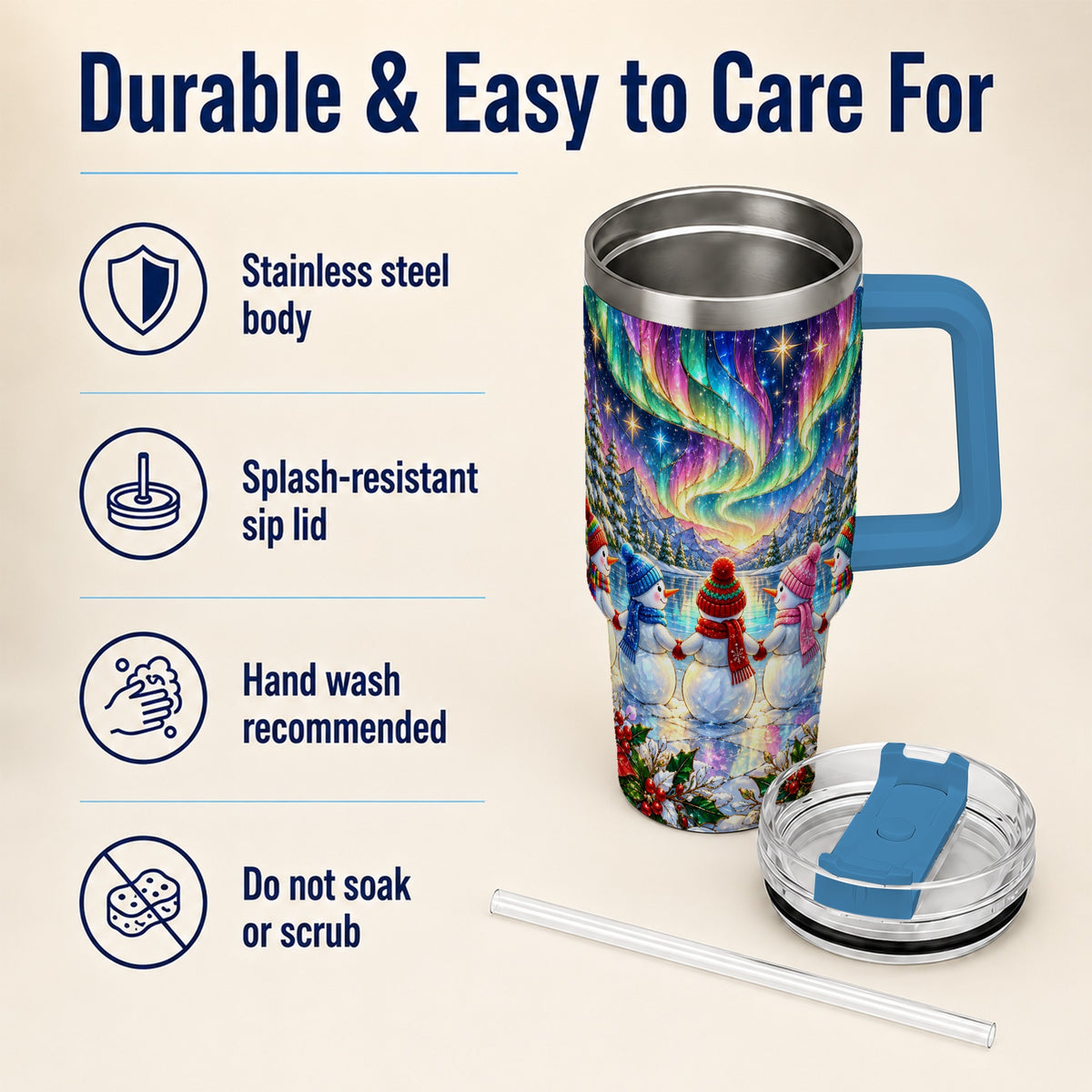 #pl[40oz|Blue] Aurora Snowmen 40oz Tumbler with Handle, Winter Stainless Steel Travel Cup