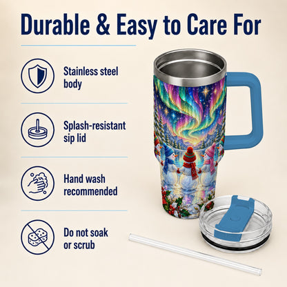 #pl[40oz|Blue] Aurora Snowmen 40oz Tumbler with Handle, Winter Stainless Steel Travel Cup
