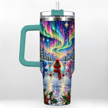 #pl[40oz|Green] Aurora Snowmen 40oz Tumbler with Handle, Winter Stainless Steel Travel Cup