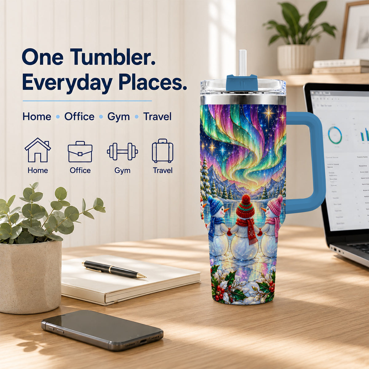#pl[40oz|Blue] Aurora Snowmen 40oz Tumbler with Handle, Winter Stainless Steel Travel Cup