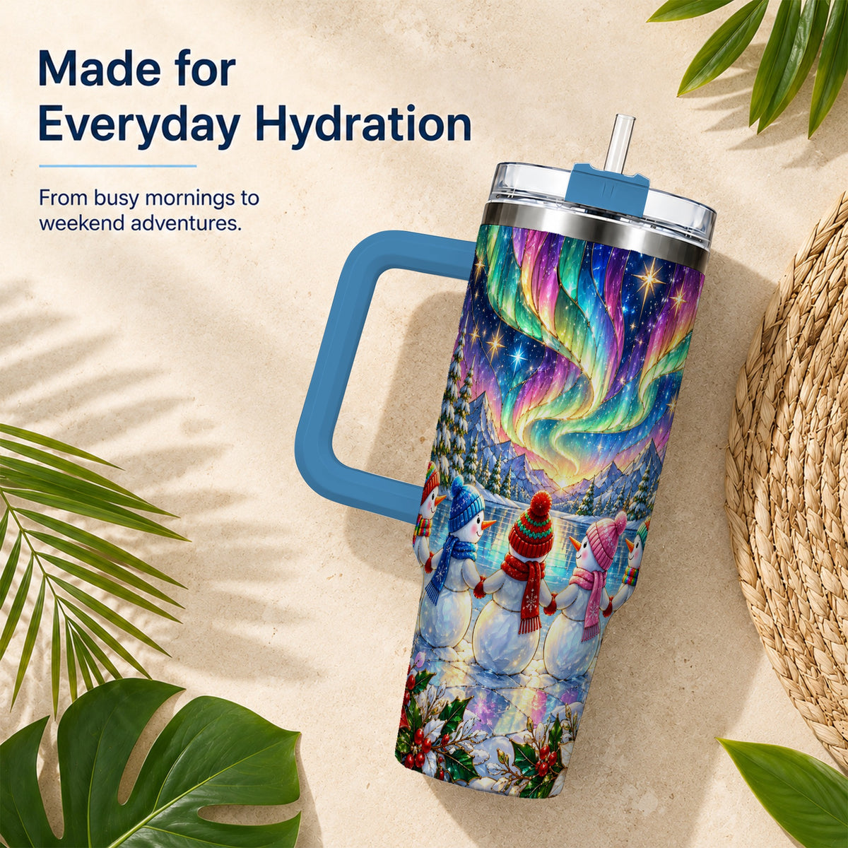 #pl[40oz|Blue] Aurora Snowmen 40oz Tumbler with Handle, Winter Stainless Steel Travel Cup