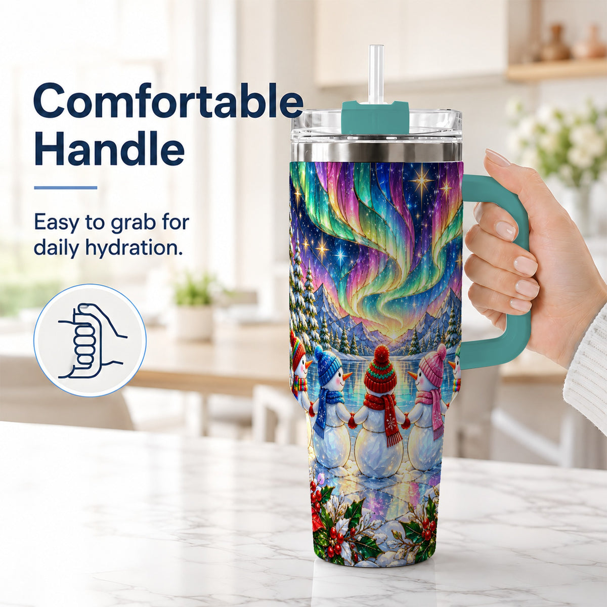 #pl[40oz|Green] Aurora Snowmen 40oz Tumbler with Handle, Winter Stainless Steel Travel Cup