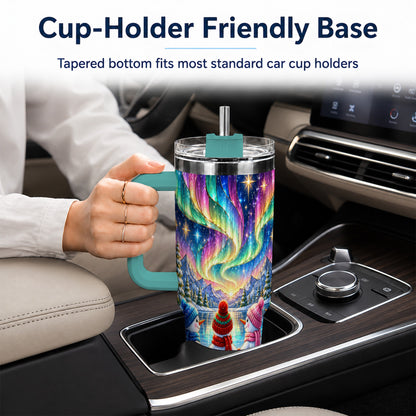 #pl[40oz|Green] Aurora Snowmen 40oz Tumbler with Handle, Winter Stainless Steel Travel Cup