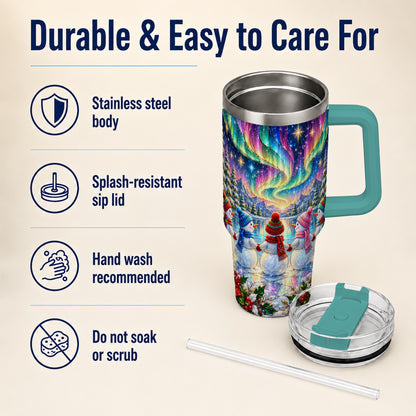 #pl[40oz|Green] Aurora Snowmen 40oz Tumbler with Handle, Winter Stainless Steel Travel Cup