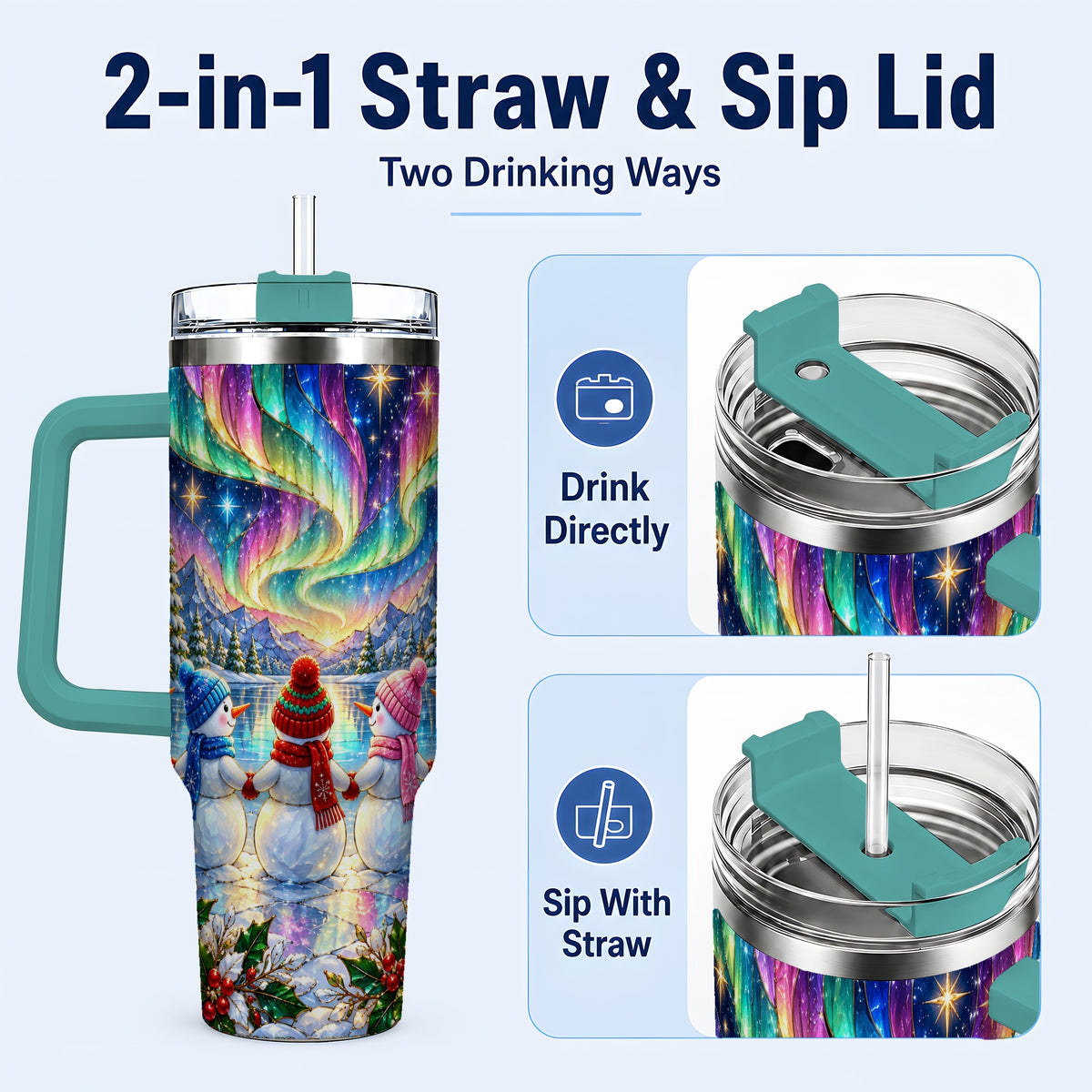 #pl[40oz|Green] Aurora Snowmen 40oz Tumbler with Handle, Winter Stainless Steel Travel Cup