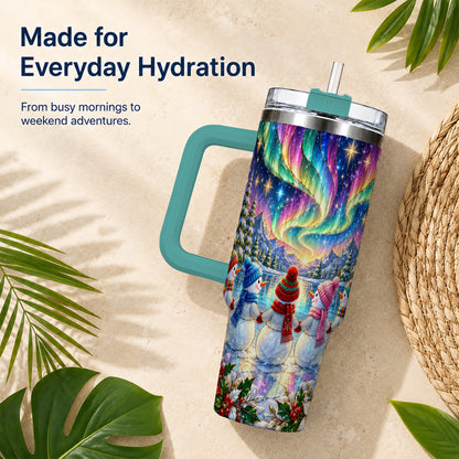 #pl[40oz|Green] Aurora Snowmen 40oz Tumbler with Handle, Winter Stainless Steel Travel Cup