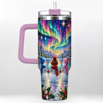 #pl[40oz|Pink] Aurora Snowmen 40oz Tumbler with Handle, Winter Stainless Steel Travel Cup