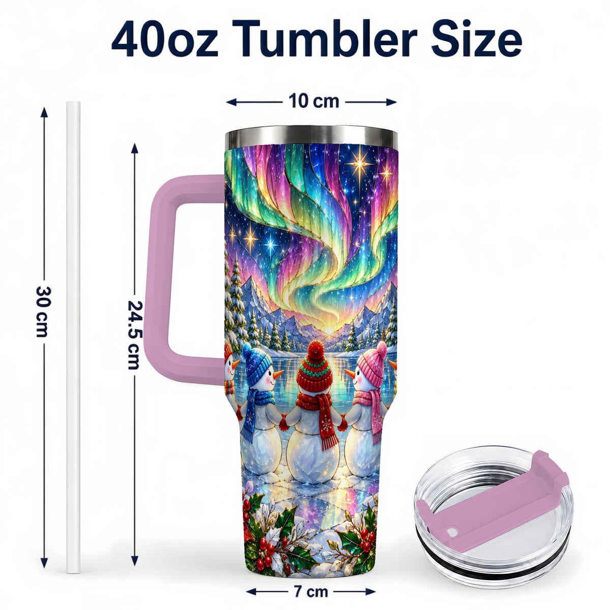 #pl[40oz|Pink] Aurora Snowmen 40oz Tumbler with Handle, Winter Stainless Steel Travel Cup