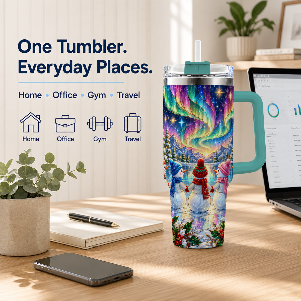 #pl[40oz|Green] Aurora Snowmen 40oz Tumbler with Handle, Winter Stainless Steel Travel Cup
