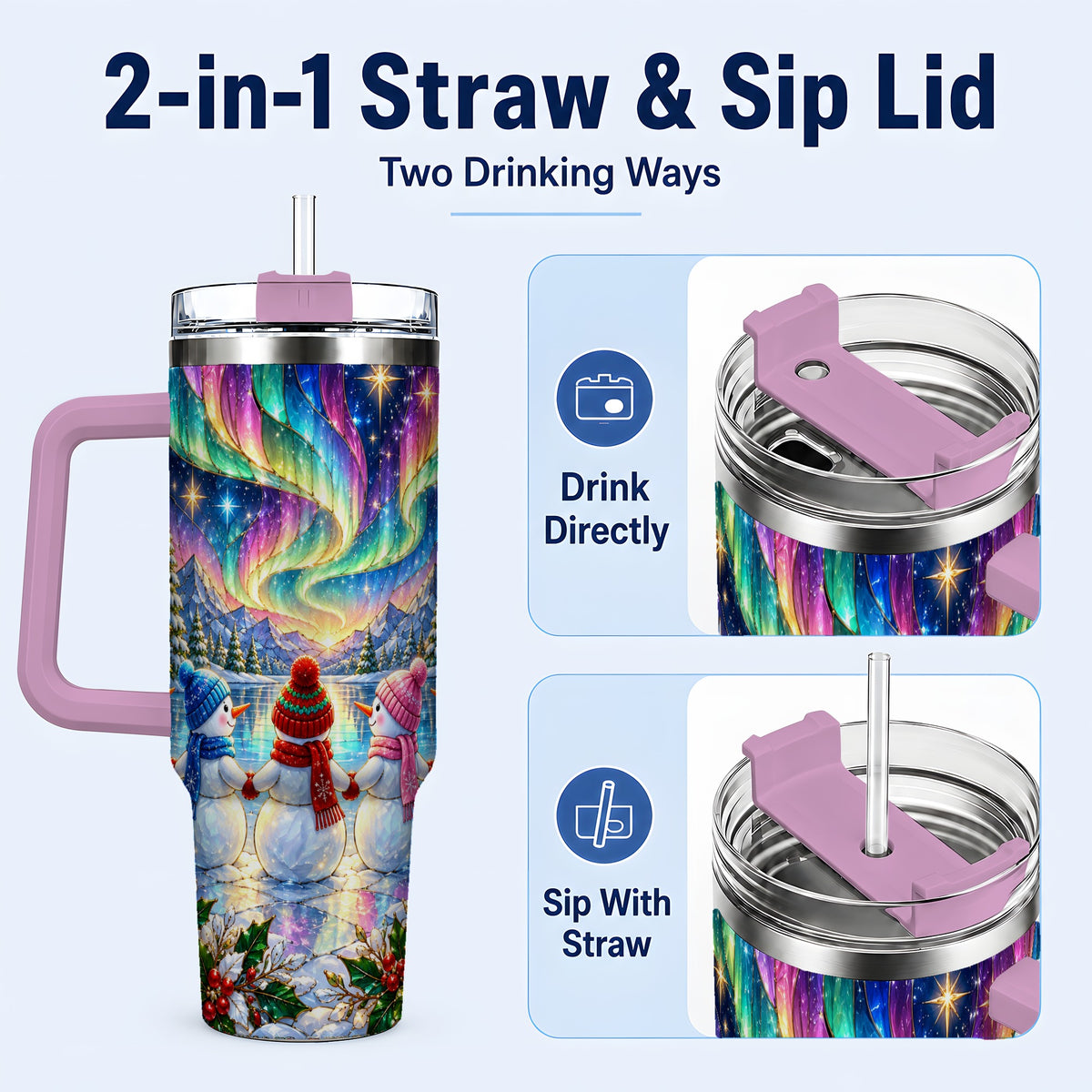 #pl[40oz|Pink] Aurora Snowmen 40oz Tumbler with Handle, Winter Stainless Steel Travel Cup