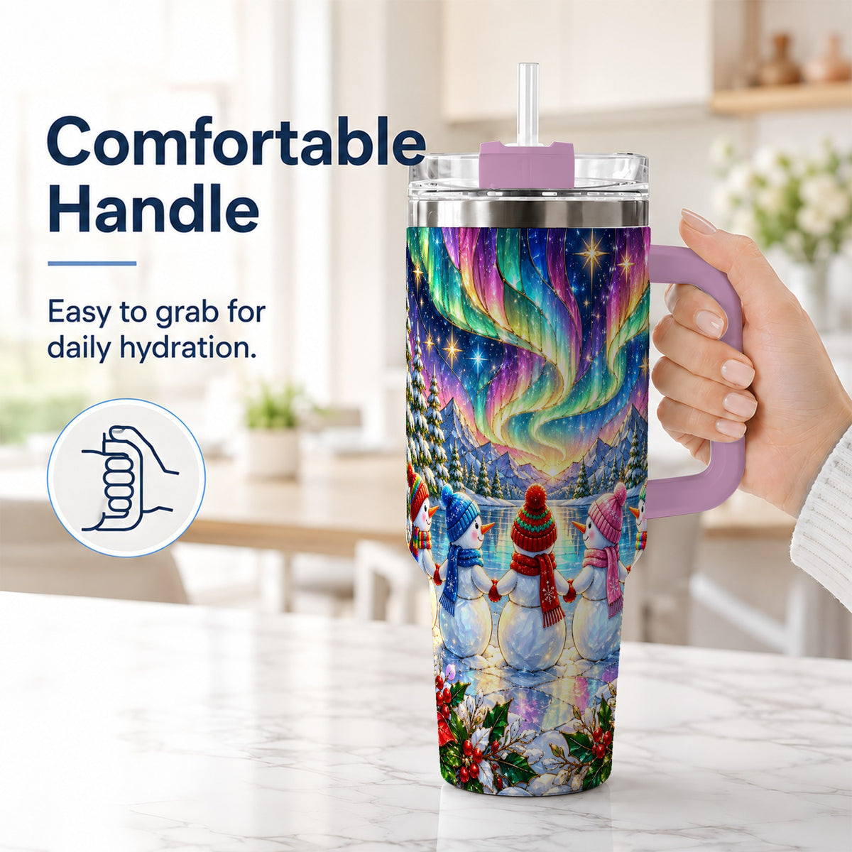 #pl[40oz|Pink] Aurora Snowmen 40oz Tumbler with Handle, Winter Stainless Steel Travel Cup