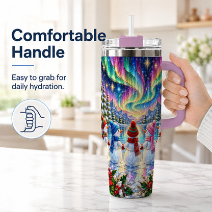 #pl[40oz|Pink] Aurora Snowmen 40oz Tumbler with Handle, Winter Stainless Steel Travel Cup