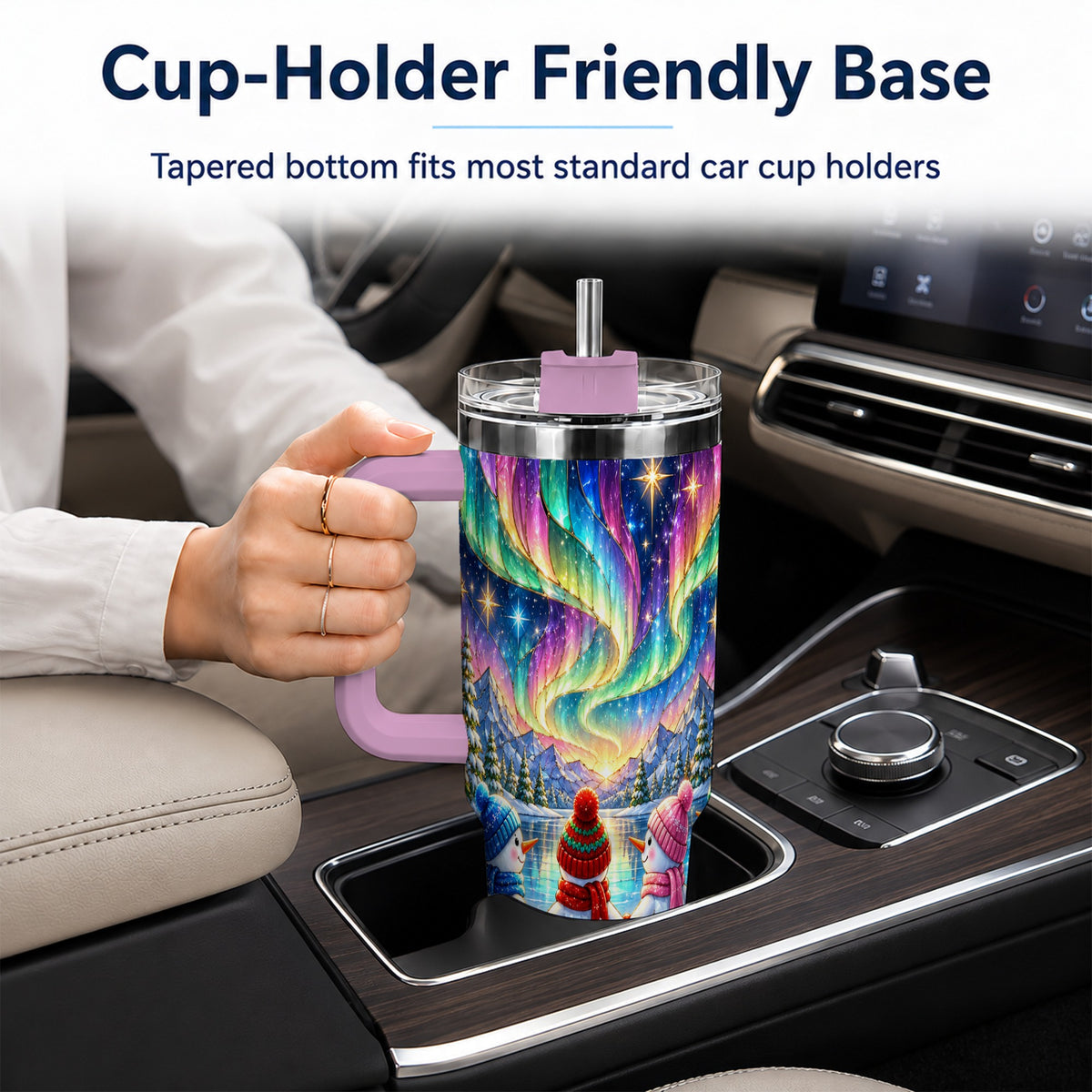 #pl[40oz|Pink] Aurora Snowmen 40oz Tumbler with Handle, Winter Stainless Steel Travel Cup