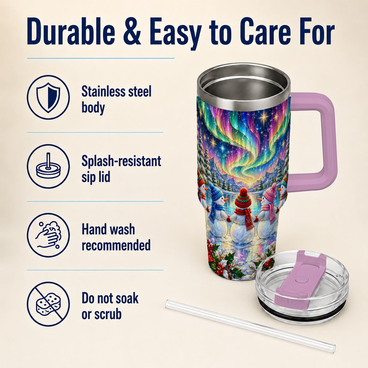 #pl[40oz|Pink] Aurora Snowmen 40oz Tumbler with Handle, Winter Stainless Steel Travel Cup