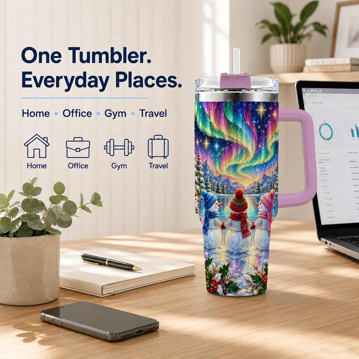 #pl[40oz|Pink] Aurora Snowmen 40oz Tumbler with Handle, Winter Stainless Steel Travel Cup
