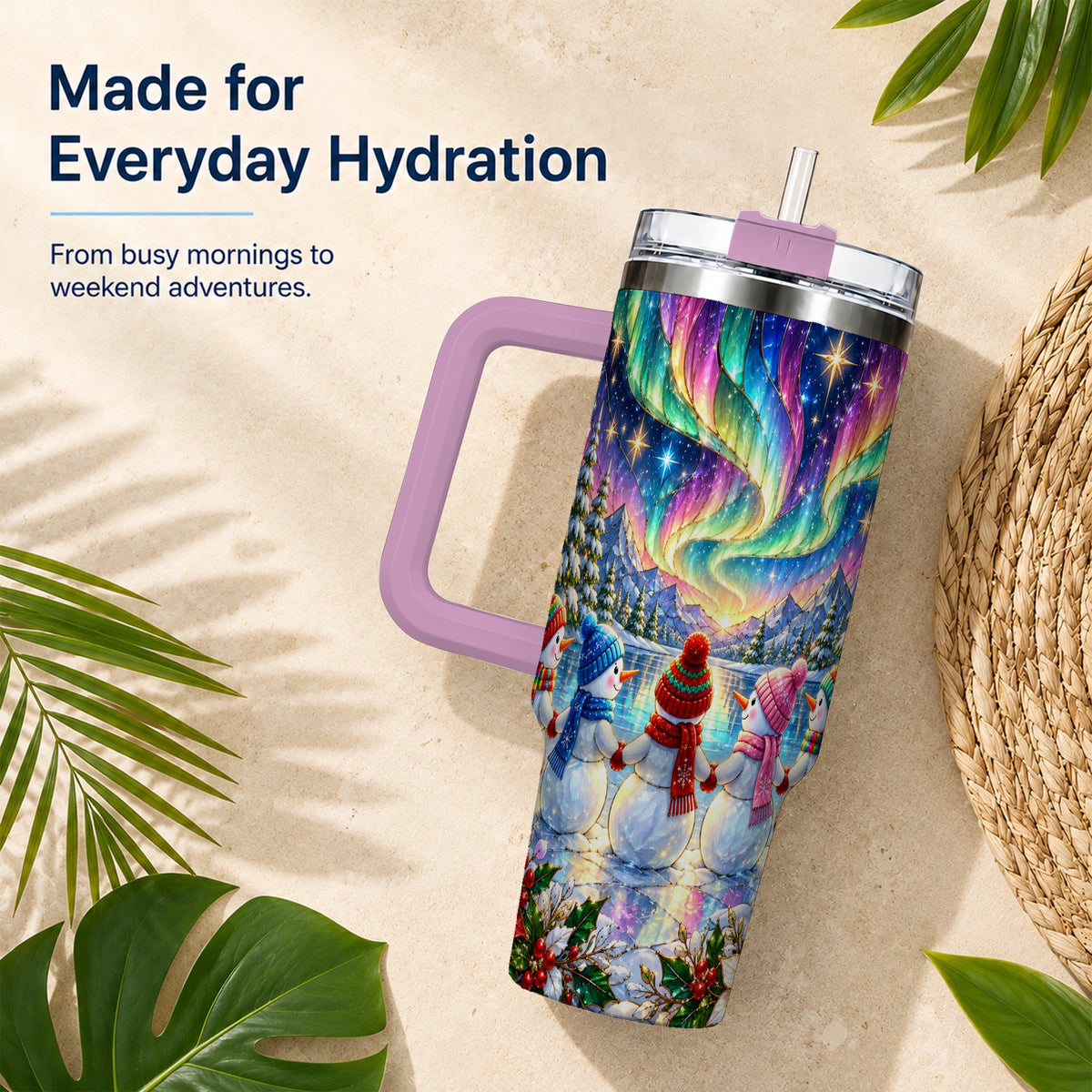 #pl[40oz|Pink] Aurora Snowmen 40oz Tumbler with Handle, Winter Stainless Steel Travel Cup