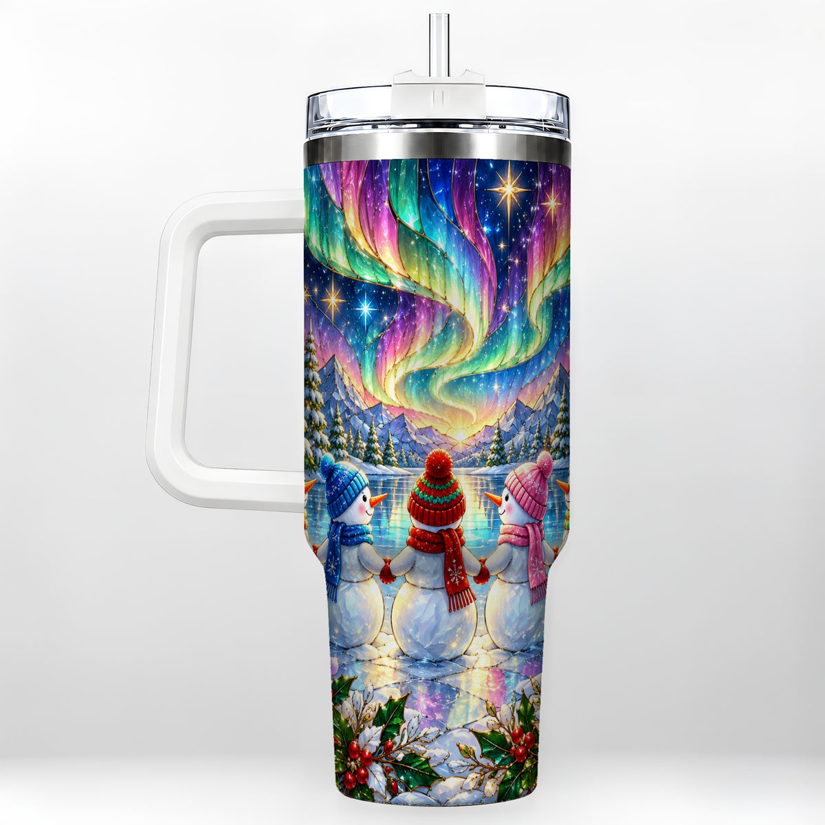 Aurora Snowmen 40oz Tumbler with Handle, Winter Stainless Steel Travel Cup