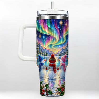 Aurora Snowmen 40oz Tumbler with Handle, Winter Stainless Steel Travel Cup
