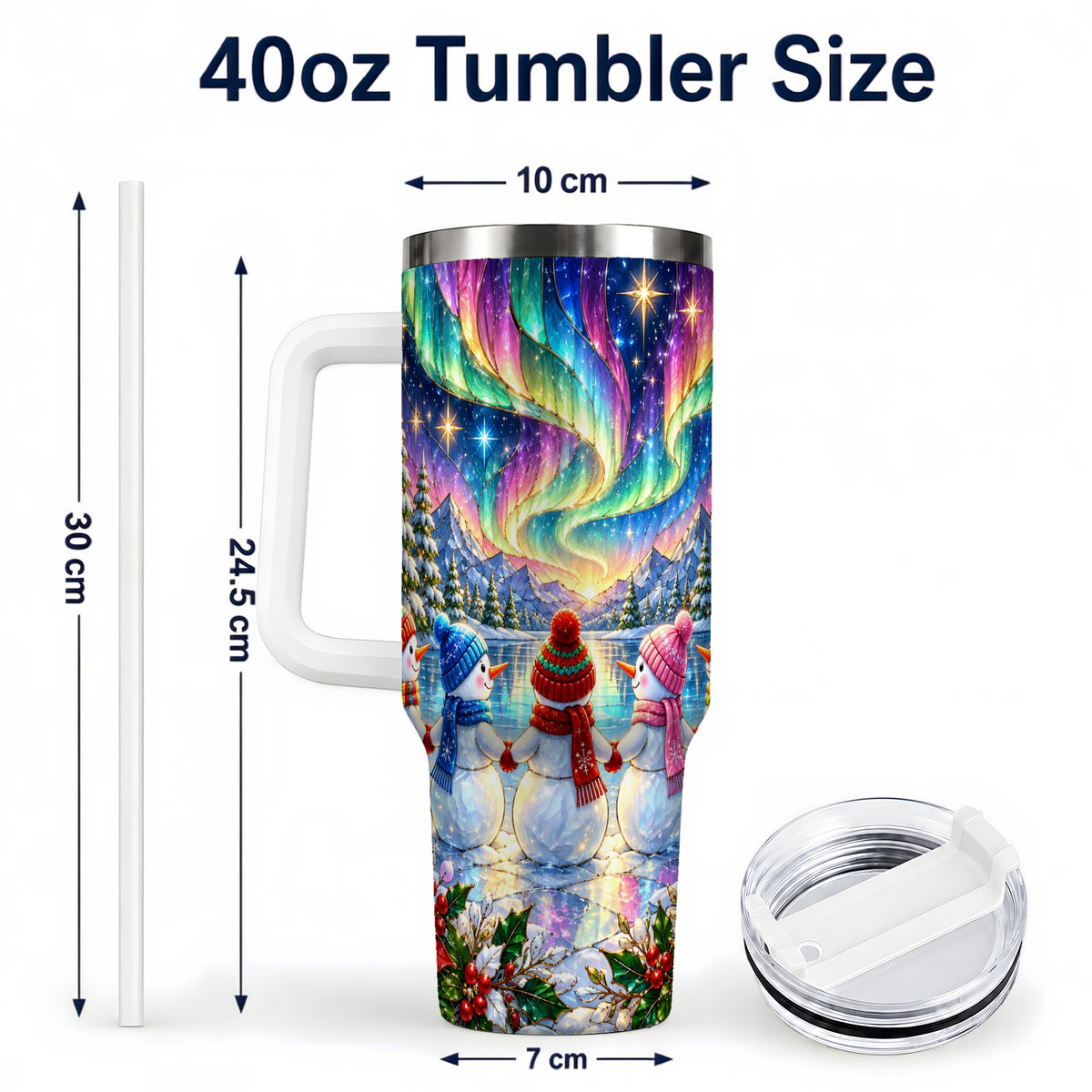 #pl[40oz|White] Aurora Snowmen 40oz Tumbler with Handle, Winter Stainless Steel Travel Cup