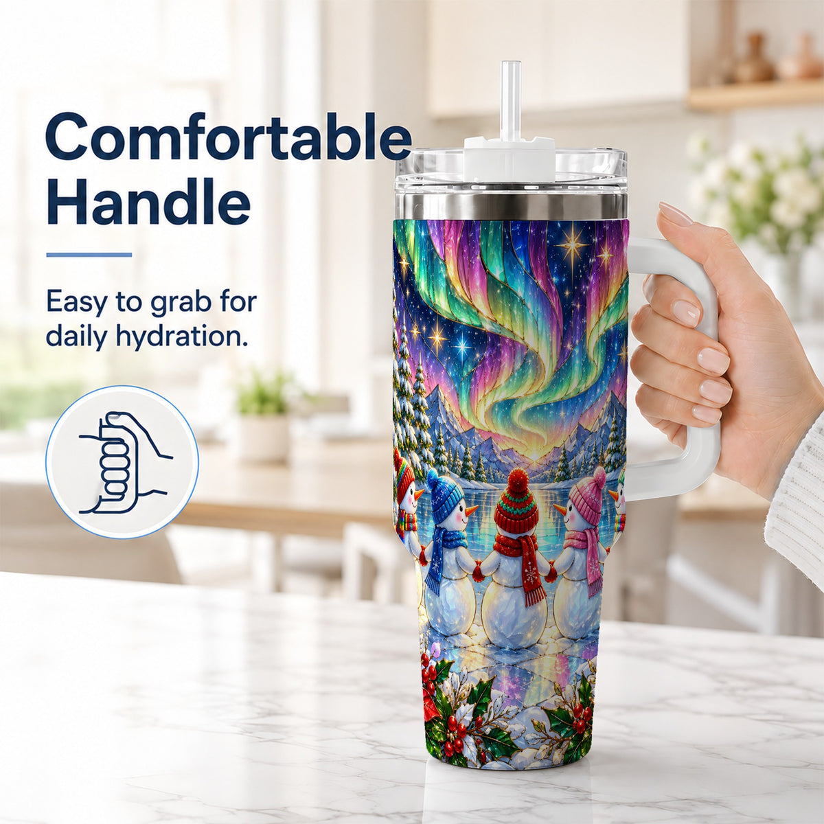#pl[40oz|White] Aurora Snowmen 40oz Tumbler with Handle, Winter Stainless Steel Travel Cup