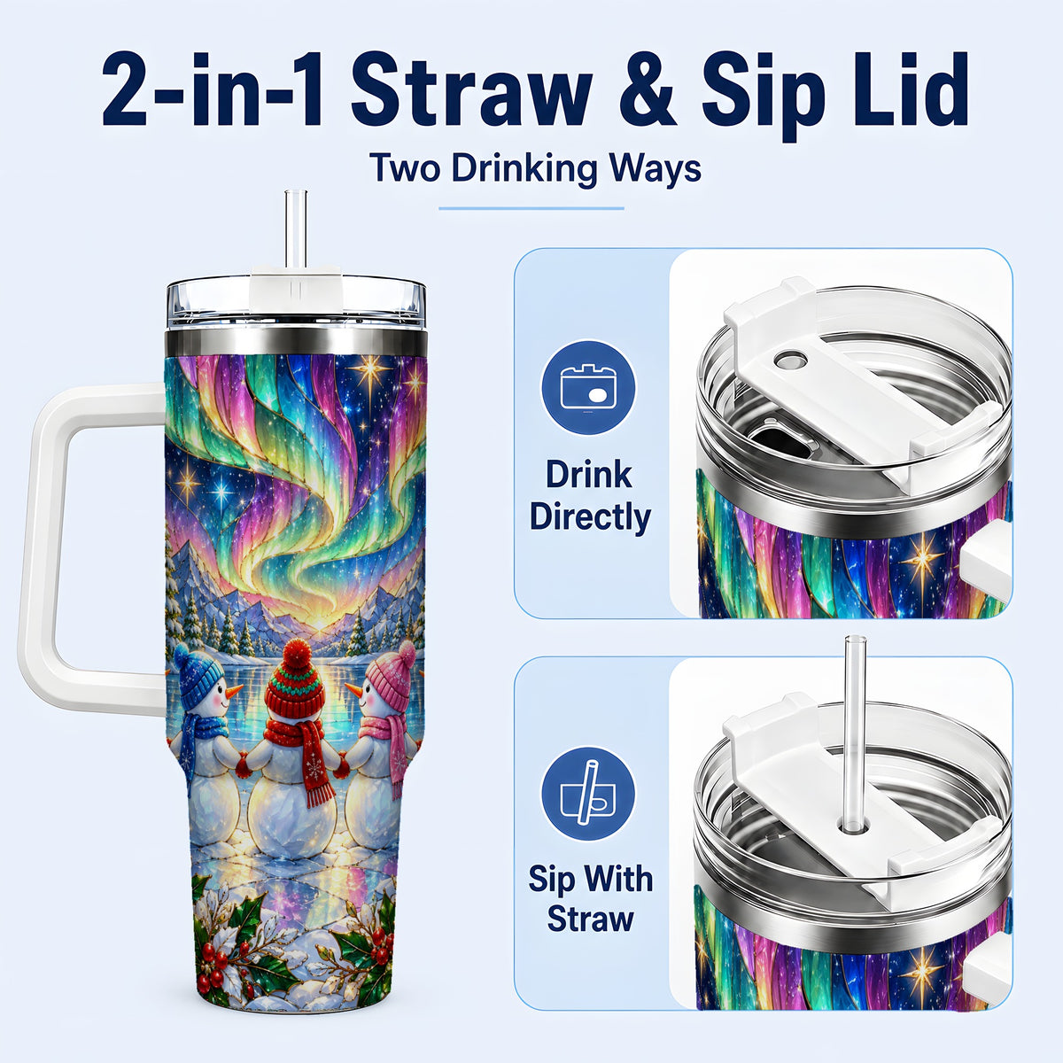 #pl[40oz|White] Aurora Snowmen 40oz Tumbler with Handle, Winter Stainless Steel Travel Cup