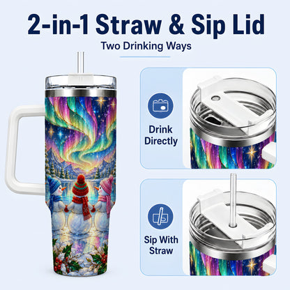 #pl[40oz|White] Aurora Snowmen 40oz Tumbler with Handle, Winter Stainless Steel Travel Cup