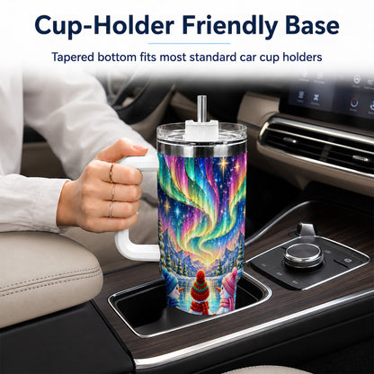 #pl[40oz|White] Aurora Snowmen 40oz Tumbler with Handle, Winter Stainless Steel Travel Cup