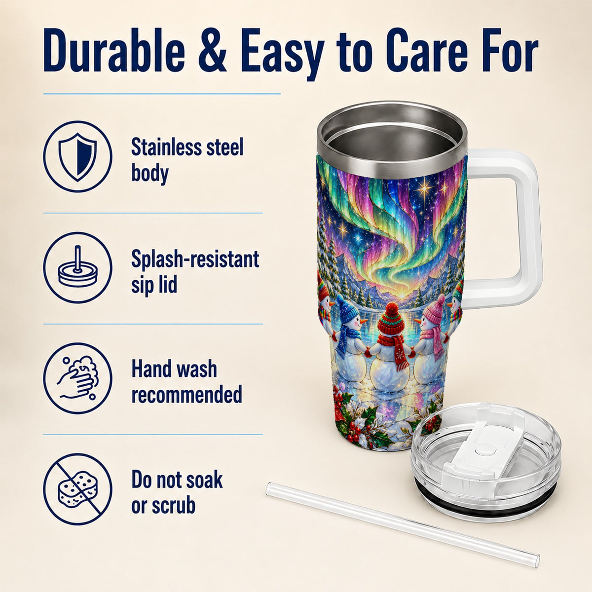 #pl[40oz|White] Aurora Snowmen 40oz Tumbler with Handle, Winter Stainless Steel Travel Cup