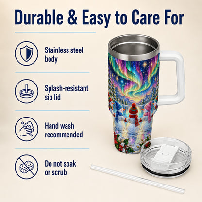 #pl[40oz|White] Aurora Snowmen 40oz Tumbler with Handle, Winter Stainless Steel Travel Cup