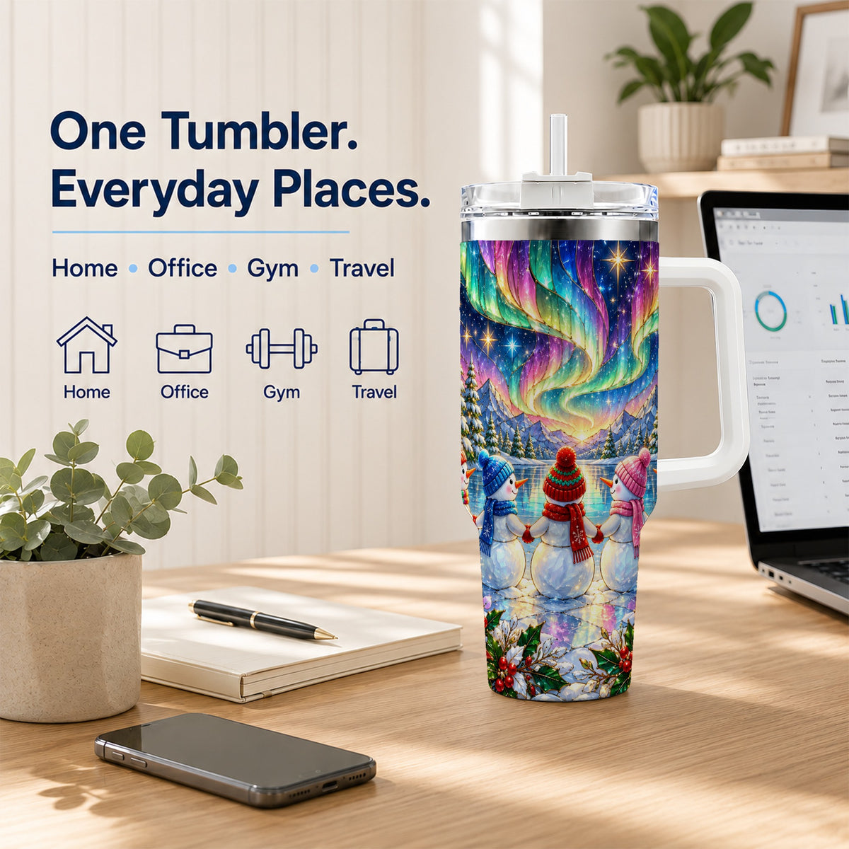 #pl[40oz|White] Aurora Snowmen 40oz Tumbler with Handle, Winter Stainless Steel Travel Cup