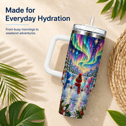 #pl[40oz|White] Aurora Snowmen 40oz Tumbler with Handle, Winter Stainless Steel Travel Cup