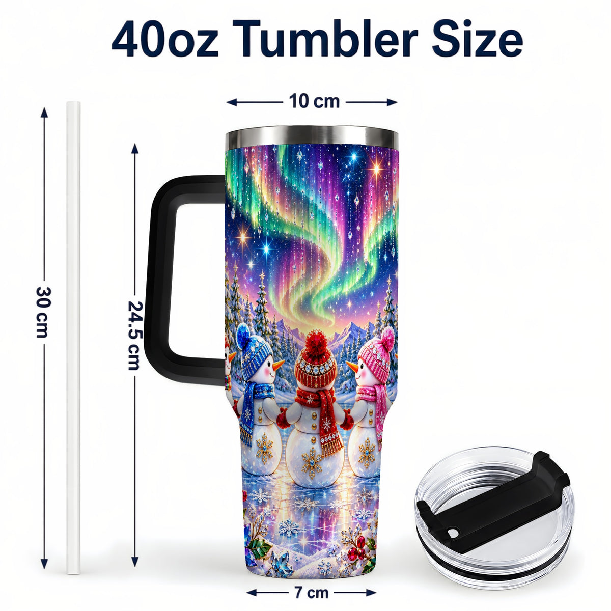 #pl[40oz|Black] Jeweled Snowmen 40oz Tumbler with Handle, Aurora Stainless Steel Cup