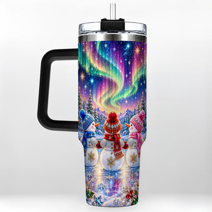 #pl[40oz|Black] Jeweled Snowmen 40oz Tumbler with Handle, Aurora Stainless Steel Cup