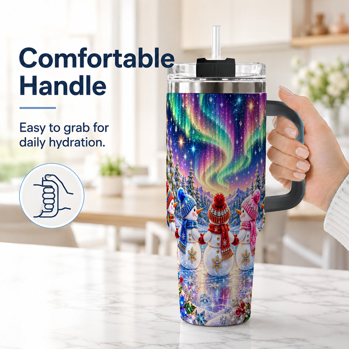 #pl[40oz|Black] Jeweled Snowmen 40oz Tumbler with Handle, Aurora Stainless Steel Cup