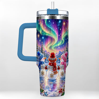#pl[40oz|Blue] Jeweled Snowmen 40oz Tumbler with Handle, Aurora Stainless Steel Cup