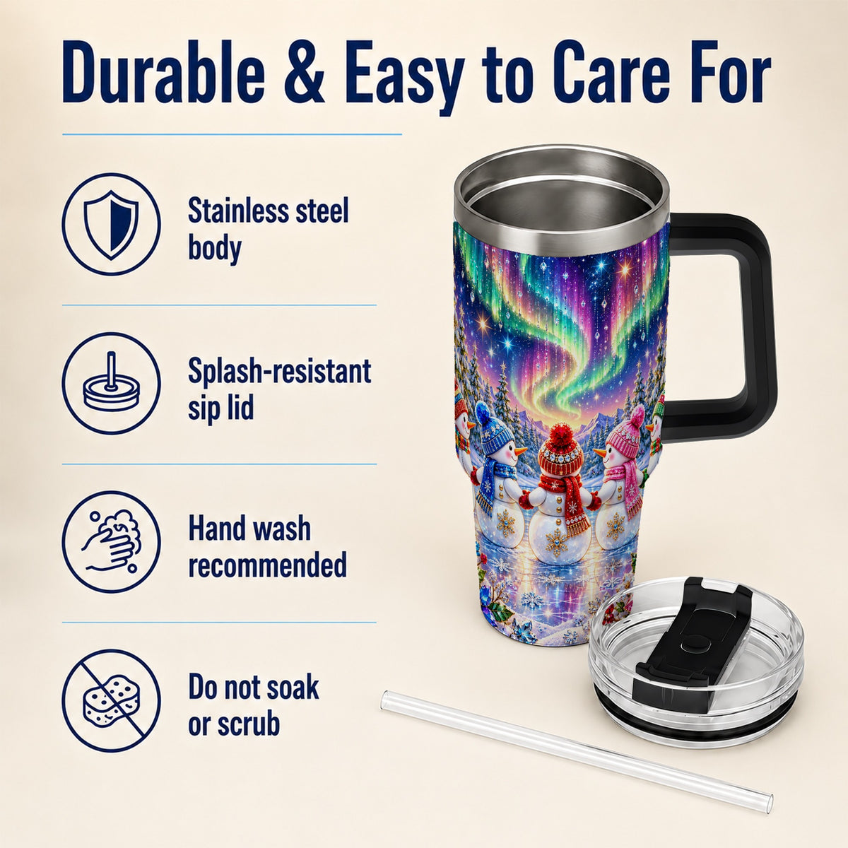 #pl[40oz|Black] Jeweled Snowmen 40oz Tumbler with Handle, Aurora Stainless Steel Cup