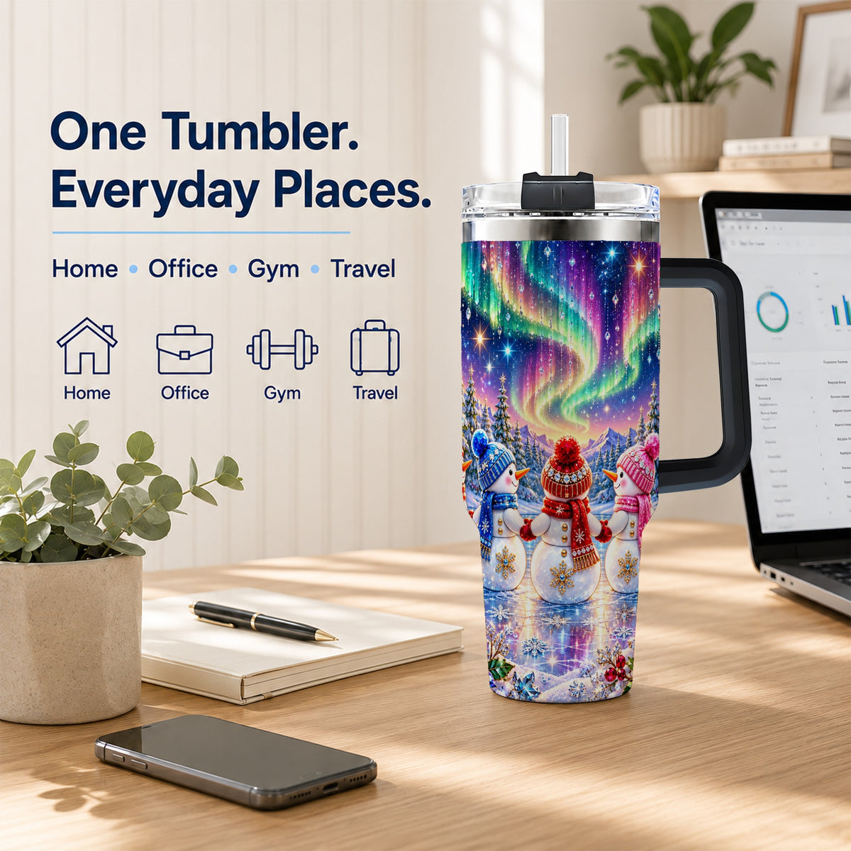 #pl[40oz|Black] Jeweled Snowmen 40oz Tumbler with Handle, Aurora Stainless Steel Cup