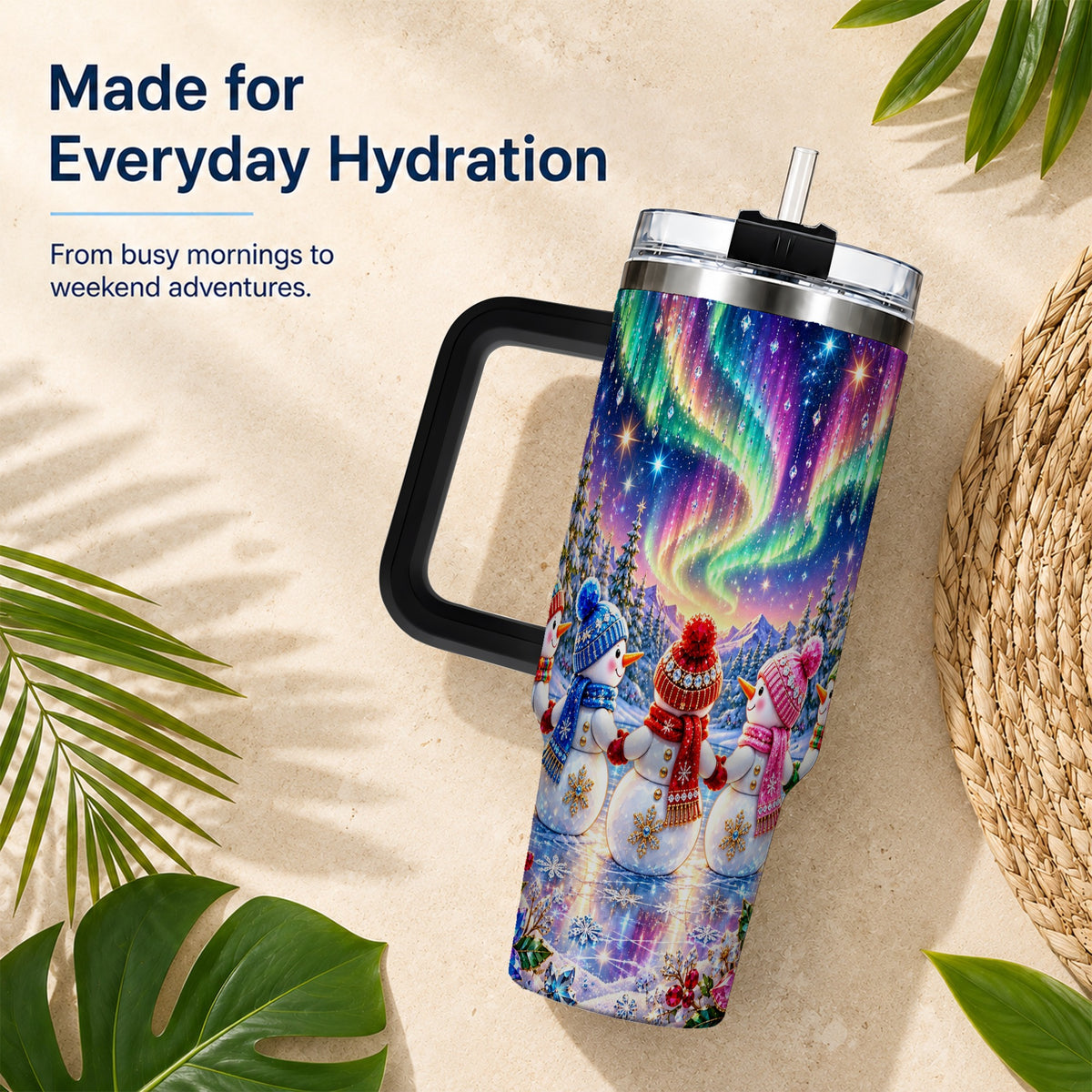 #pl[40oz|Black] Jeweled Snowmen 40oz Tumbler with Handle, Aurora Stainless Steel Cup