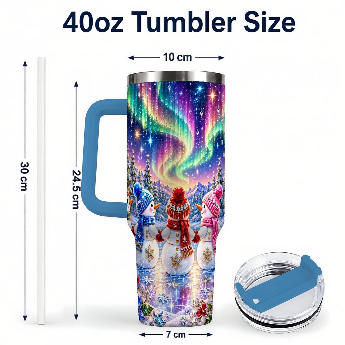#pl[40oz|Blue] Jeweled Snowmen 40oz Tumbler with Handle, Aurora Stainless Steel Cup
