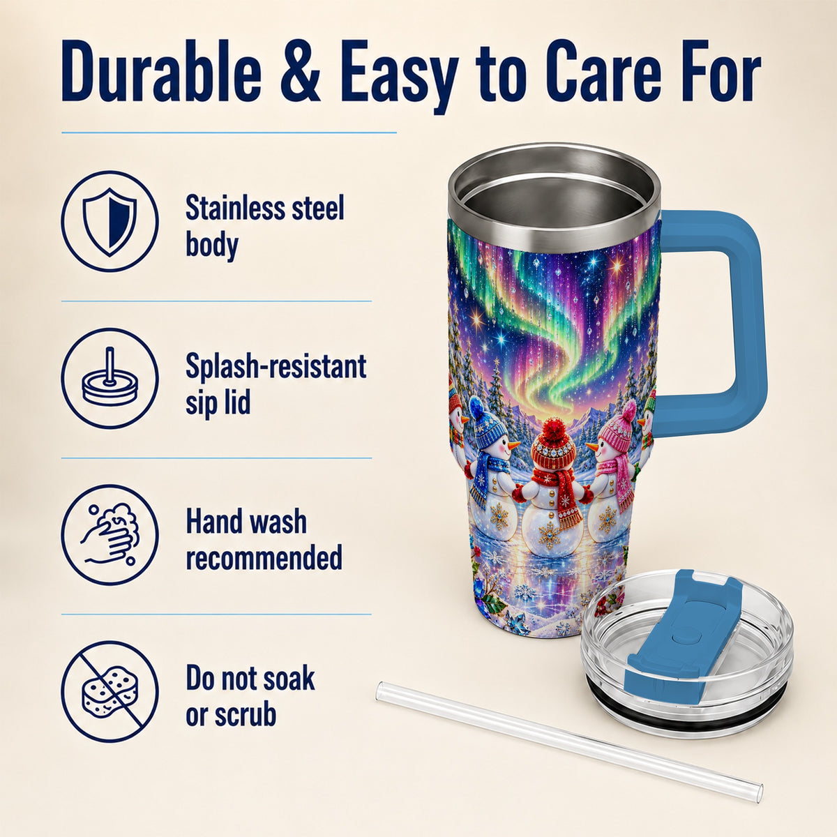 #pl[40oz|Blue] Jeweled Snowmen 40oz Tumbler with Handle, Aurora Stainless Steel Cup