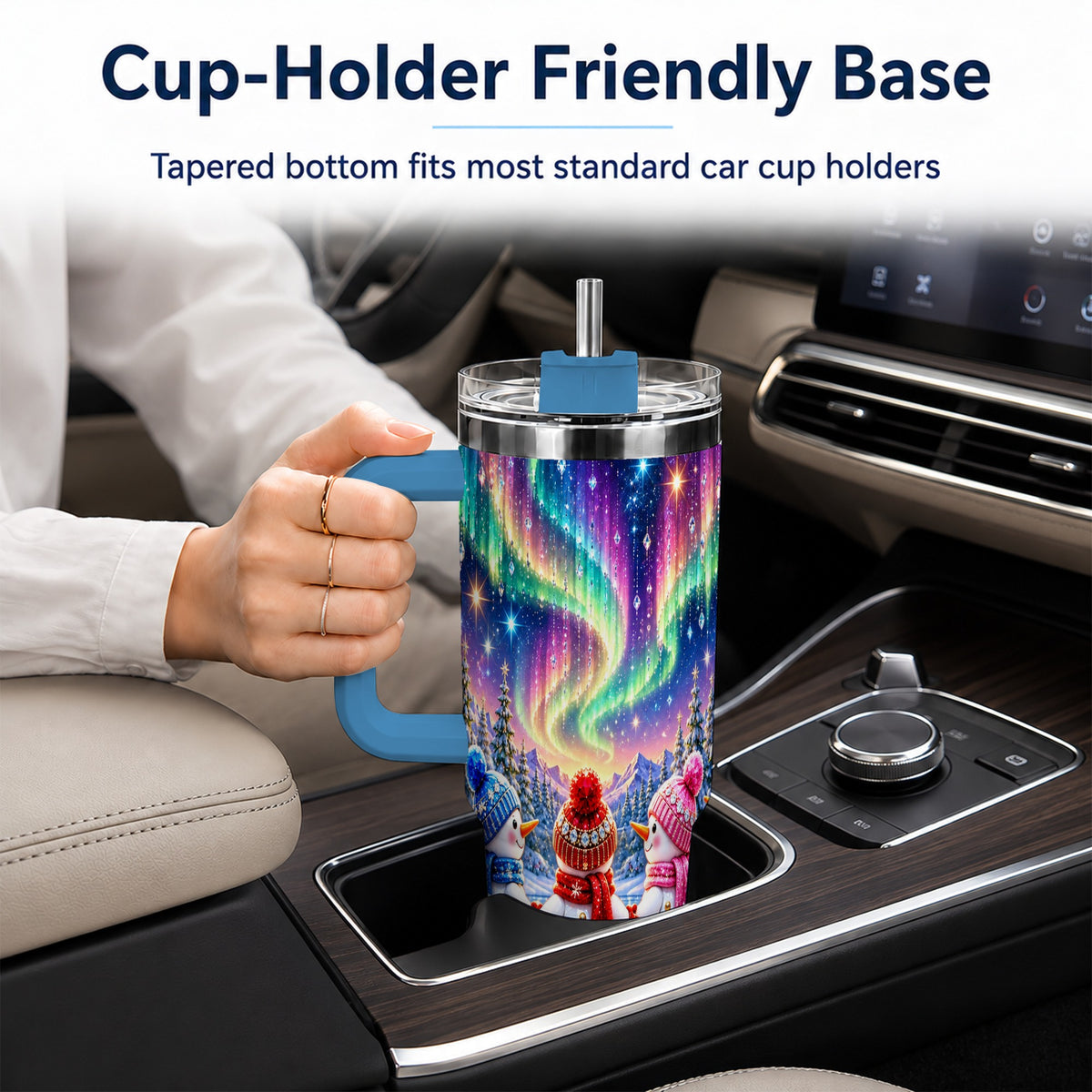 #pl[40oz|Blue] Jeweled Snowmen 40oz Tumbler with Handle, Aurora Stainless Steel Cup