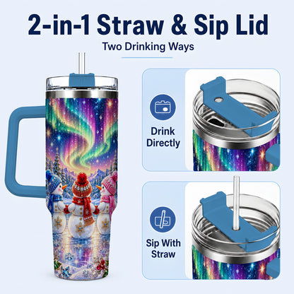 #pl[40oz|Blue] Jeweled Snowmen 40oz Tumbler with Handle, Aurora Stainless Steel Cup