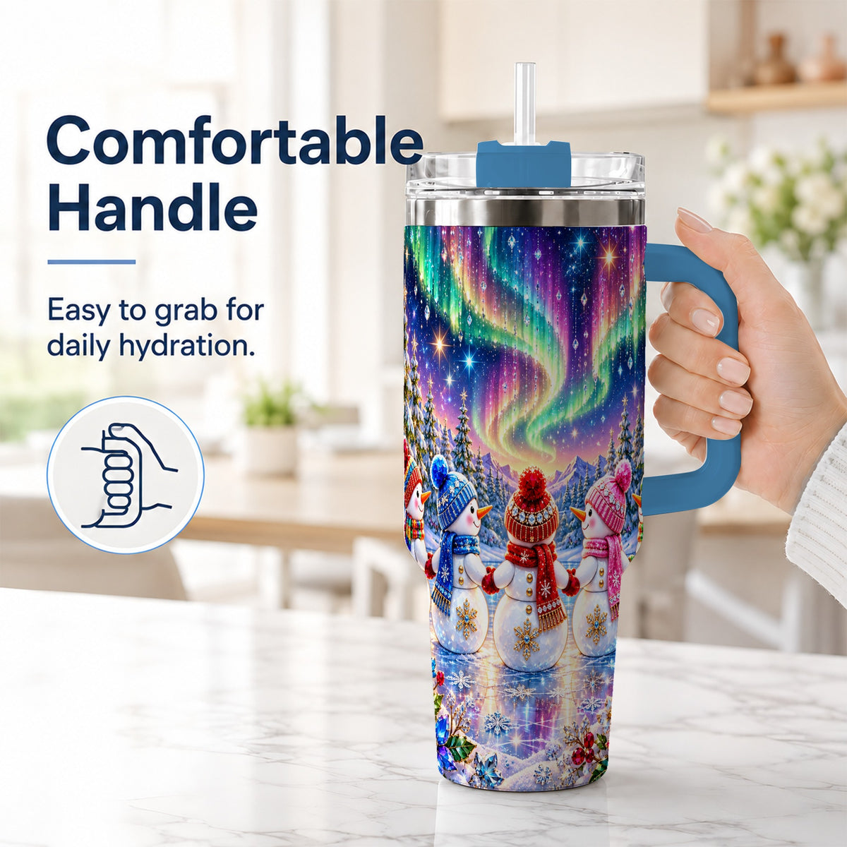 #pl[40oz|Blue] Jeweled Snowmen 40oz Tumbler with Handle, Aurora Stainless Steel Cup