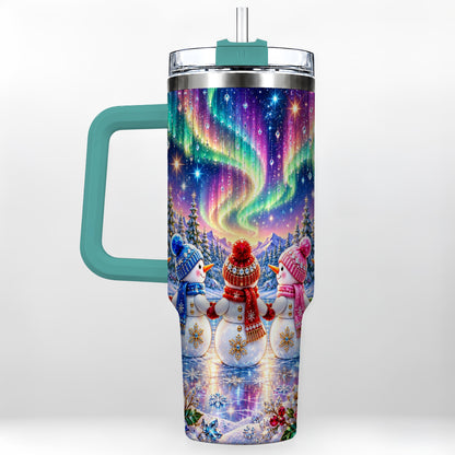 #pl[40oz|Green] Jeweled Snowmen 40oz Tumbler with Handle, Aurora Stainless Steel Cup