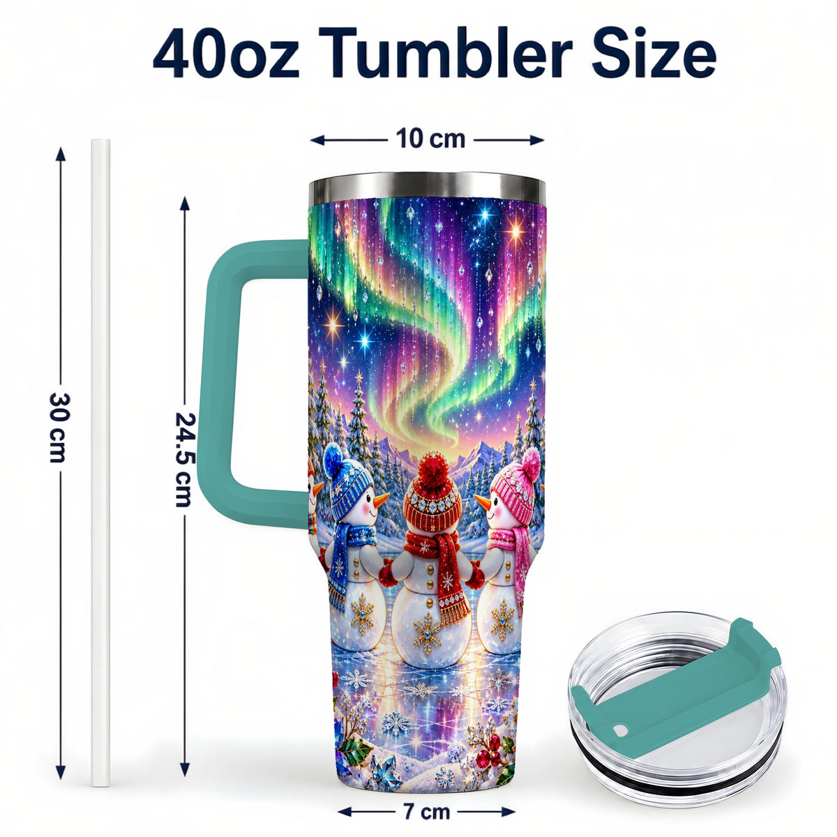 #pl[40oz|Green] Jeweled Snowmen 40oz Tumbler with Handle, Aurora Stainless Steel Cup
