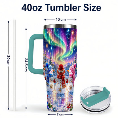#pl[40oz|Green] Jeweled Snowmen 40oz Tumbler with Handle, Aurora Stainless Steel Cup